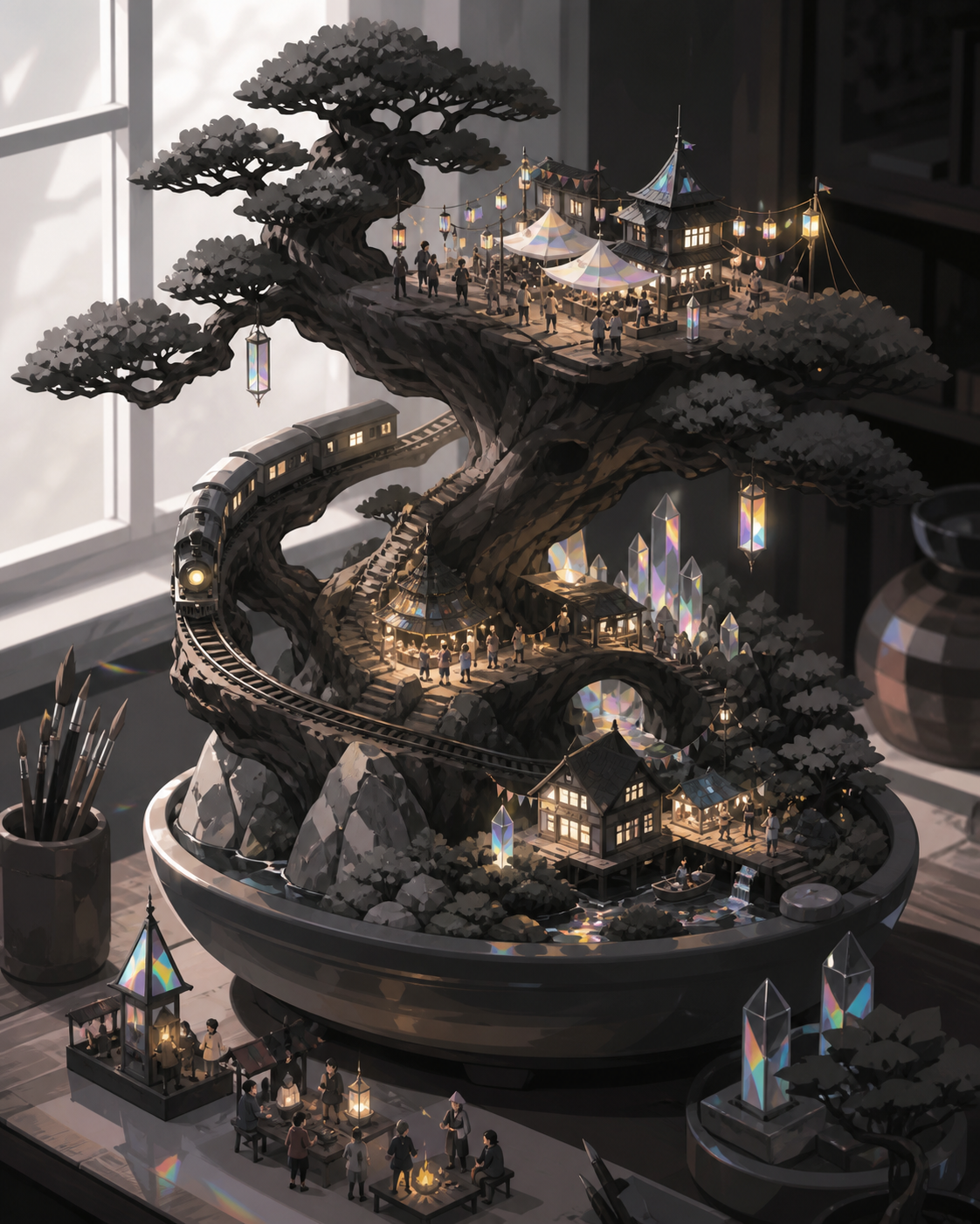 An alpine railway winding through the branches of an ancient bonsai, during a miniature festival full of delicate points of light. Isometric-like miniature vista with multiple readable zones of activity. Monochrome graph