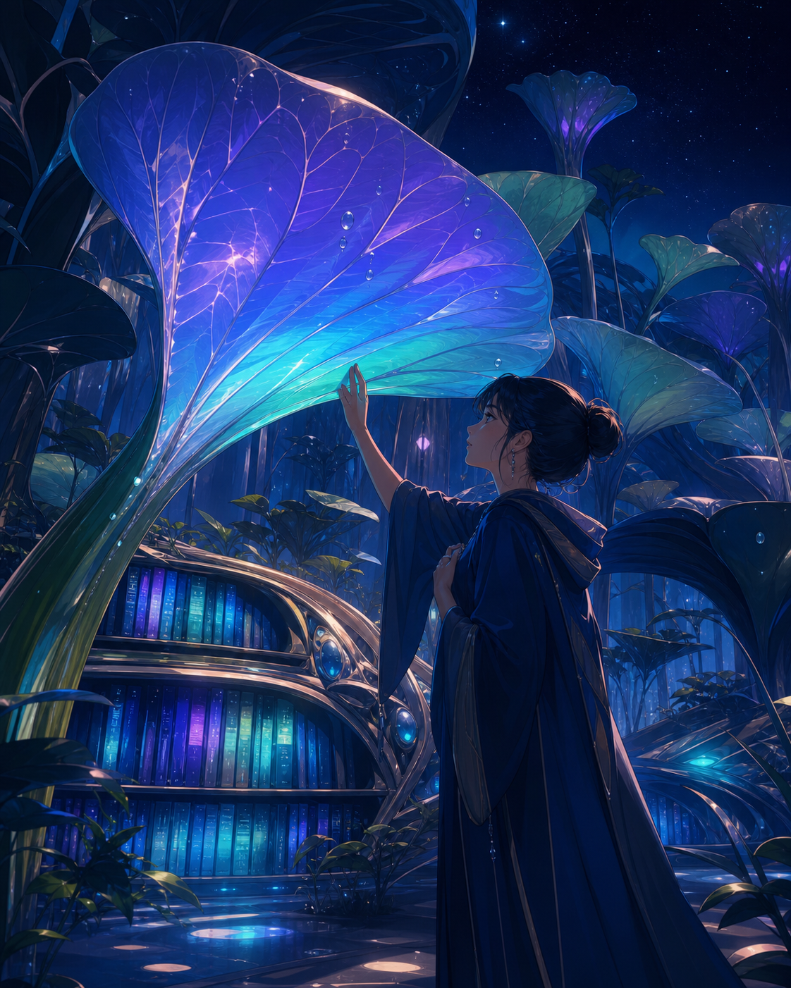 A library whose books are encoded in the changing colors of enormous leaves, after rainfall activates hidden biological structures throughout the scene. Lush environmental composition with technology discovered gradually