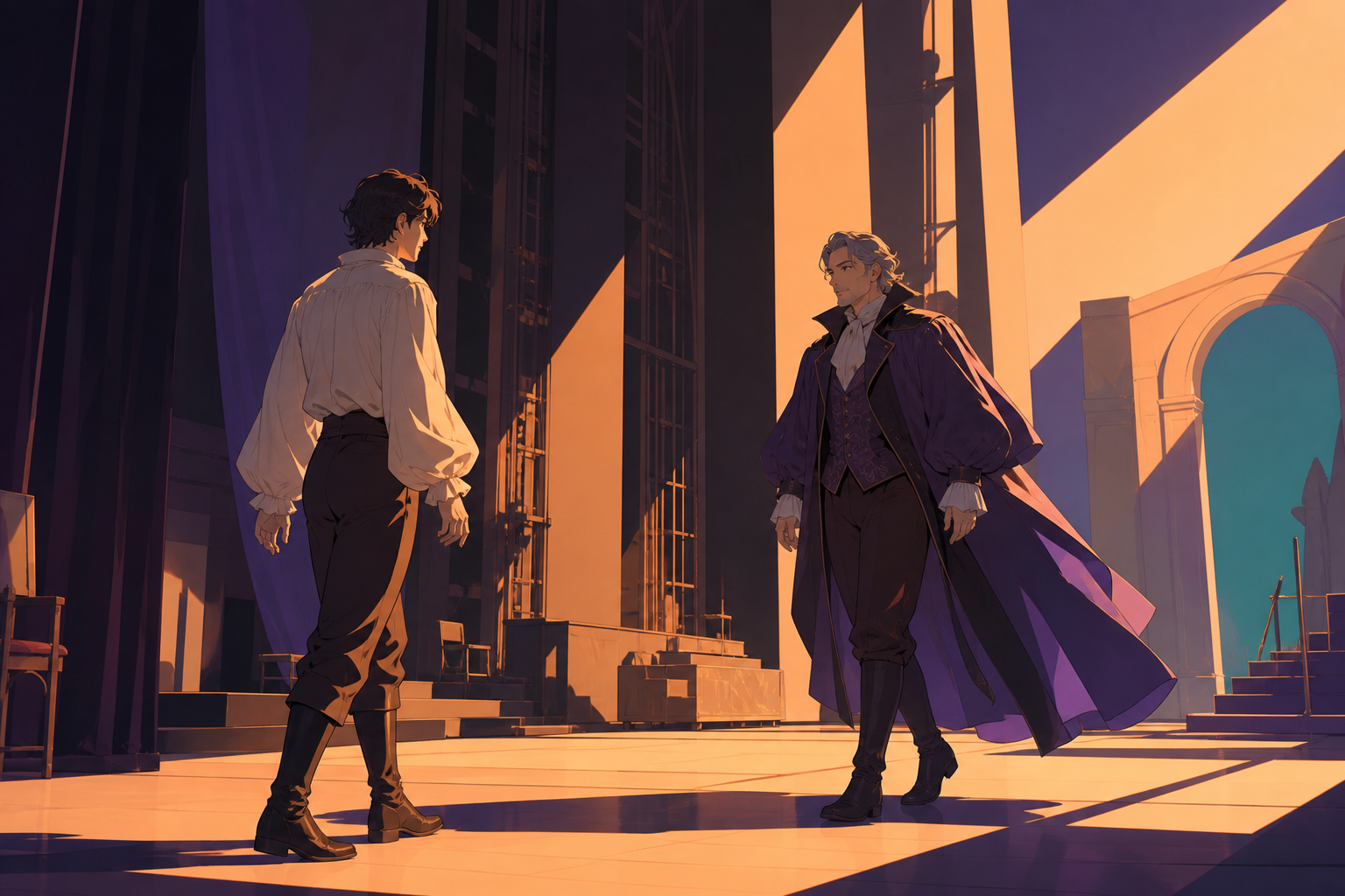 An adult stage actor meeting the older version of their character between scenes, during rehearsal with visible stagecraft adding to the charm. Stage-wide composition using negative space to emphasize movement. Apricot, 