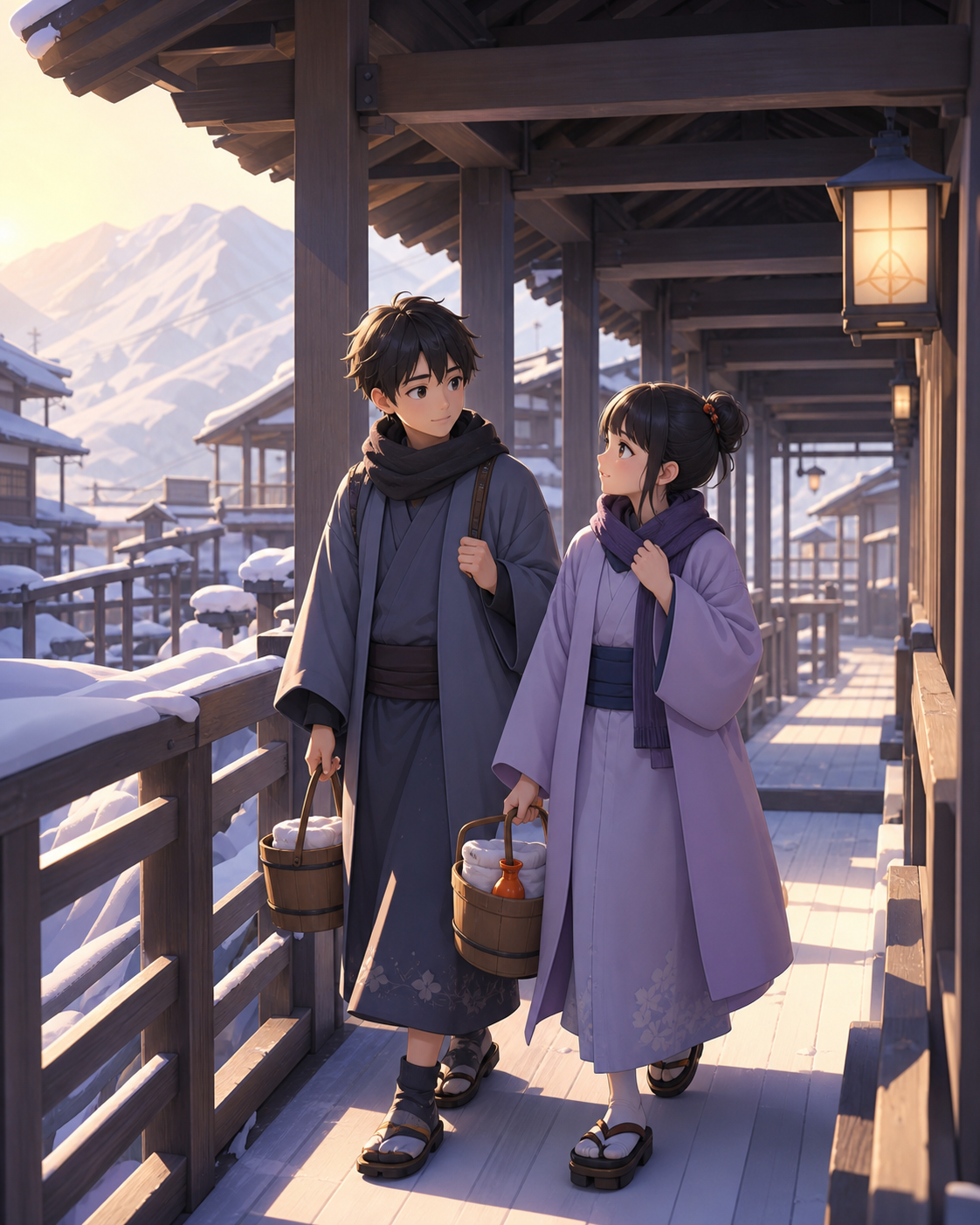 Teenage siblings exploring a maze of covered wooden walkways, after fresh snowfall simplifies the surrounding mountains. Intimate walkway frame with architecture enclosing the characters. Pale lavender, icy blue, graphit