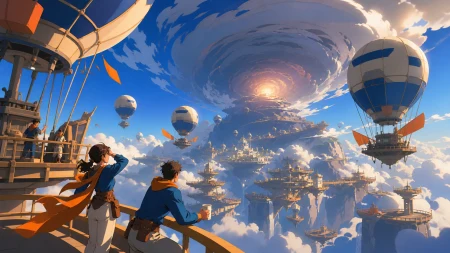 A balloon city gathering around a seasonal mountain-sized storm, during clear morning weather that reveals the depth below. Vertigo-inducing vertical composition balanced by a calm