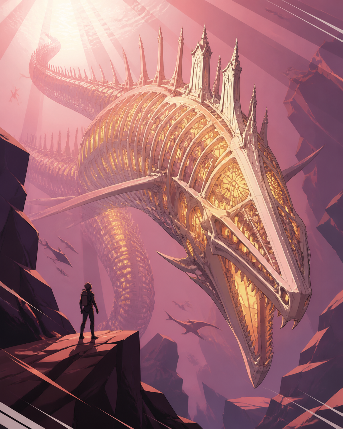 A translucent deep-sea serpent whose bones resemble a cathedral, crossing its natural habitat during a rare seasonal migration. Low-angle encounter framed by terrain and atmospheric depth. Muted rose, parchment, muted pl