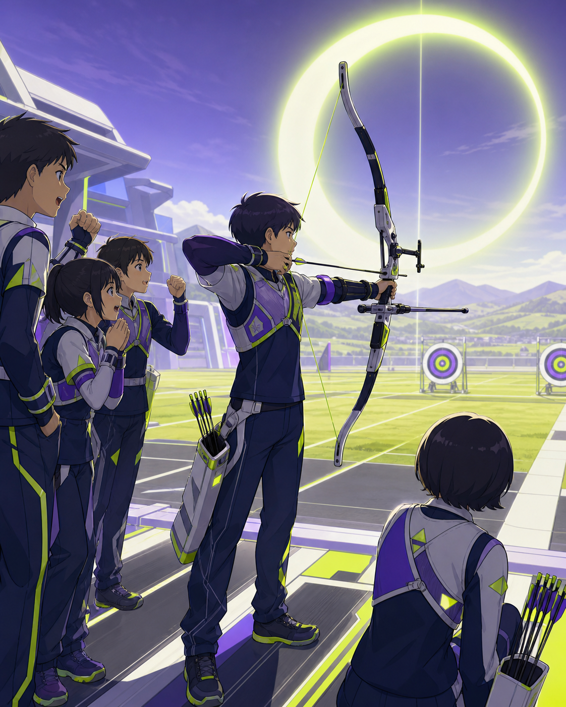 Young archers competing at a bright countryside range, as teammates encourage the least experienced participant. Wide venue view centered on one decisive action. Acid lime, ultraviolet, matte navy, and translucent pearl.
