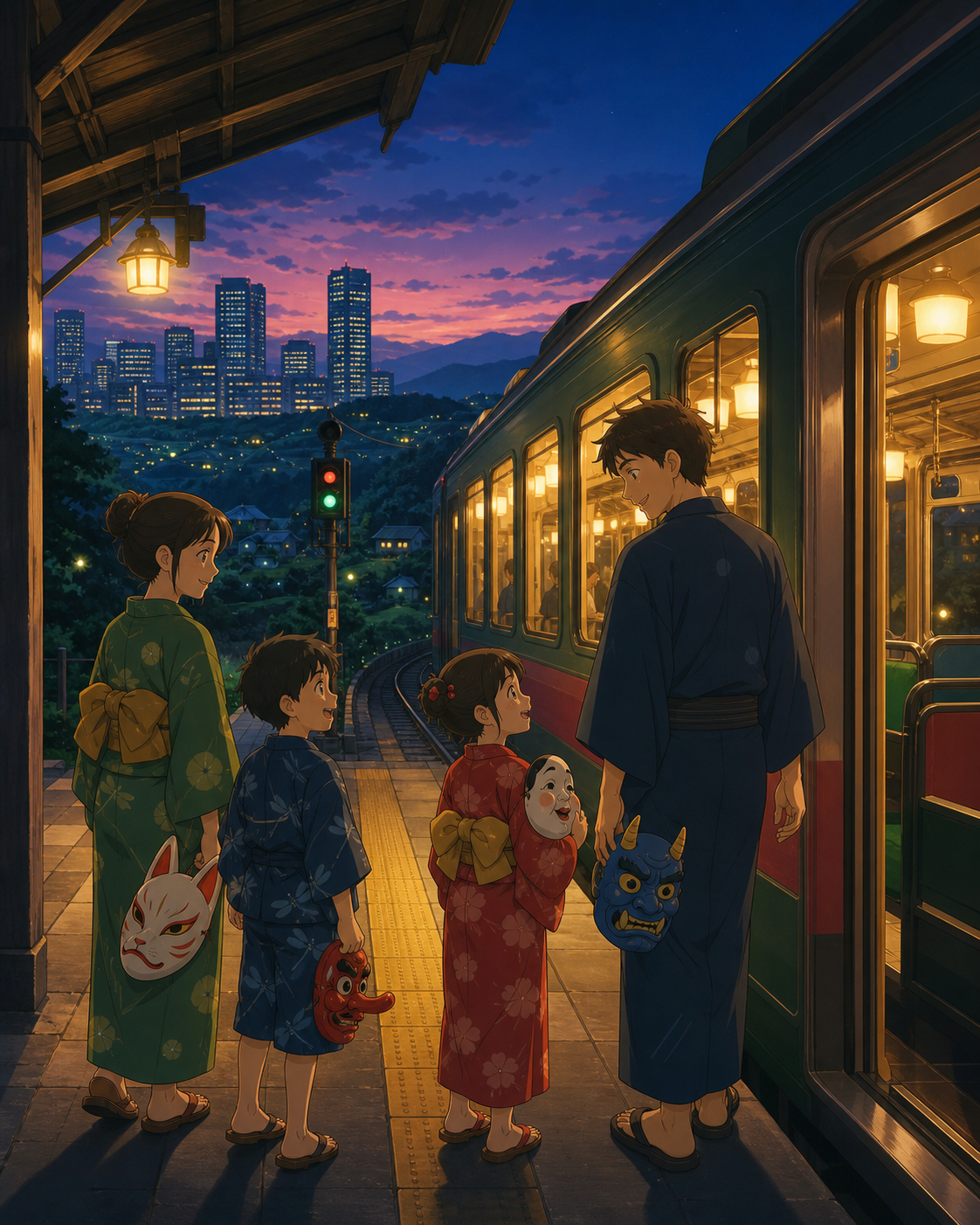 A family carrying festival masks onto the final train home, as the route crosses from a modern city into an enchanted countryside. Platform-wide composition with the arriving train creating a strong line. Emerald, staine