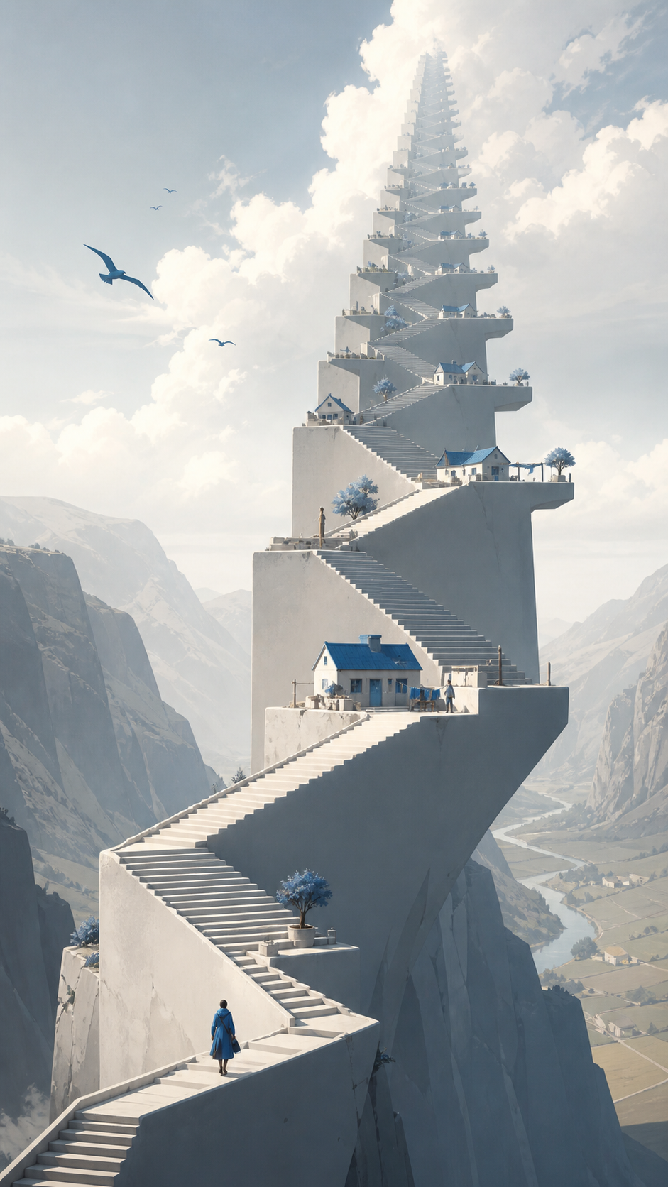 A valley crossed by an endless staircase whose landings contain tiny homes, shown through ordinary life continuing around the impossible landmark. Extreme wide view organized around one unforgettable silhouette. Soft mon
