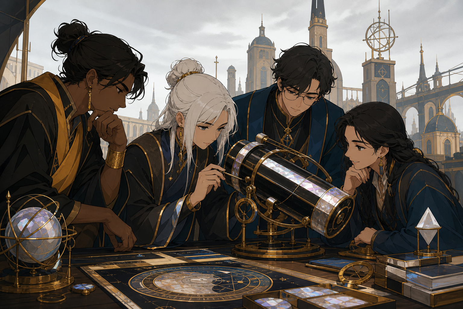 Adult astronomy students calibrating a telescope that observes possible futures, as collaboration replaces an initially competitive mood. Close collaborative desk scene with the larger campus visible beyond. Saffron, pea