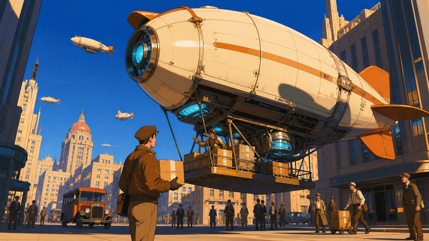 A 1920s city courier delivering packages by compact personal airship, grounded in everyday work and convincing period behavior. Wide period street scene centered on the alternate technology in use. Cobalt, persimmon oran