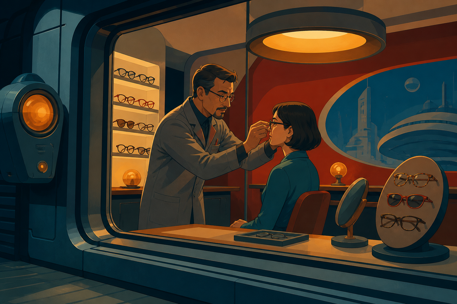 An adult optician fitting spectacles that reveal overlooked kindness, during a quiet transaction with an unexpectedly personal request. View from outside the window into a warmly arranged interior. Petrol blue, oxide red