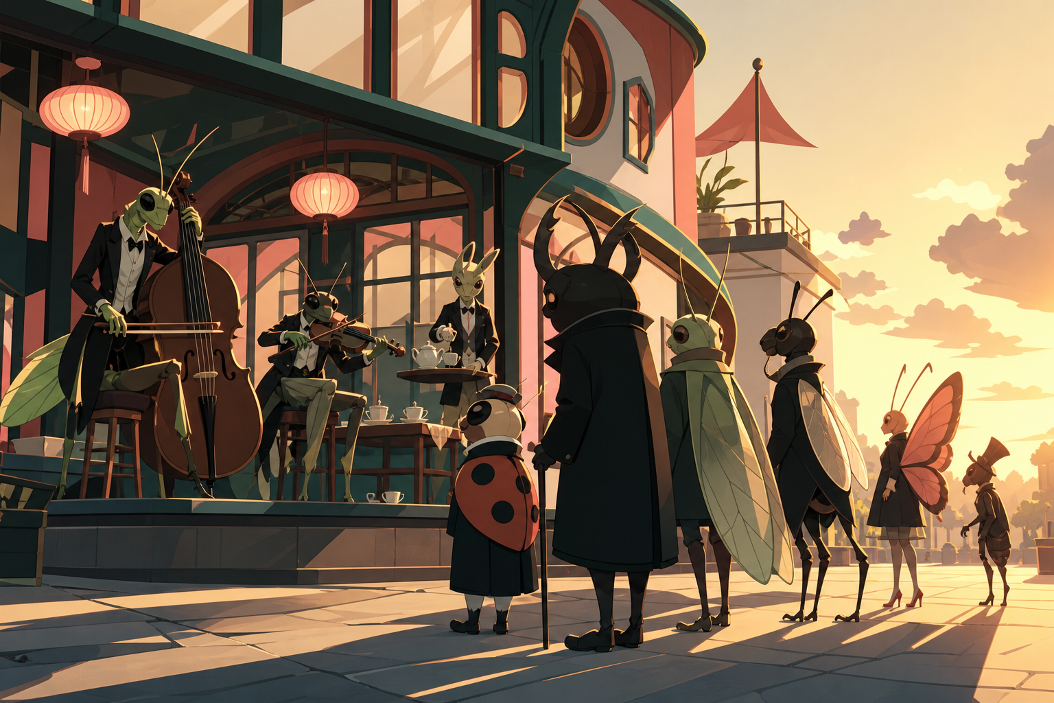 A night café run by polite insect musicians in formal jackets, during a public tradition whose purpose is clear from the action. Street-level view immersed in the society's everyday architecture. Celadon, coral pink, ink
