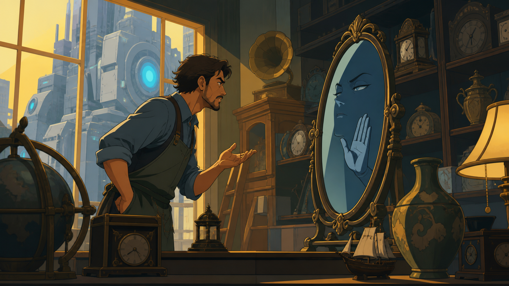 An adult antique dealer negotiating with a mirror that refuses every buyer, shown as a warm neighborhood business rather than a grand magical institution. Counter-level composition with merchandise framing both character