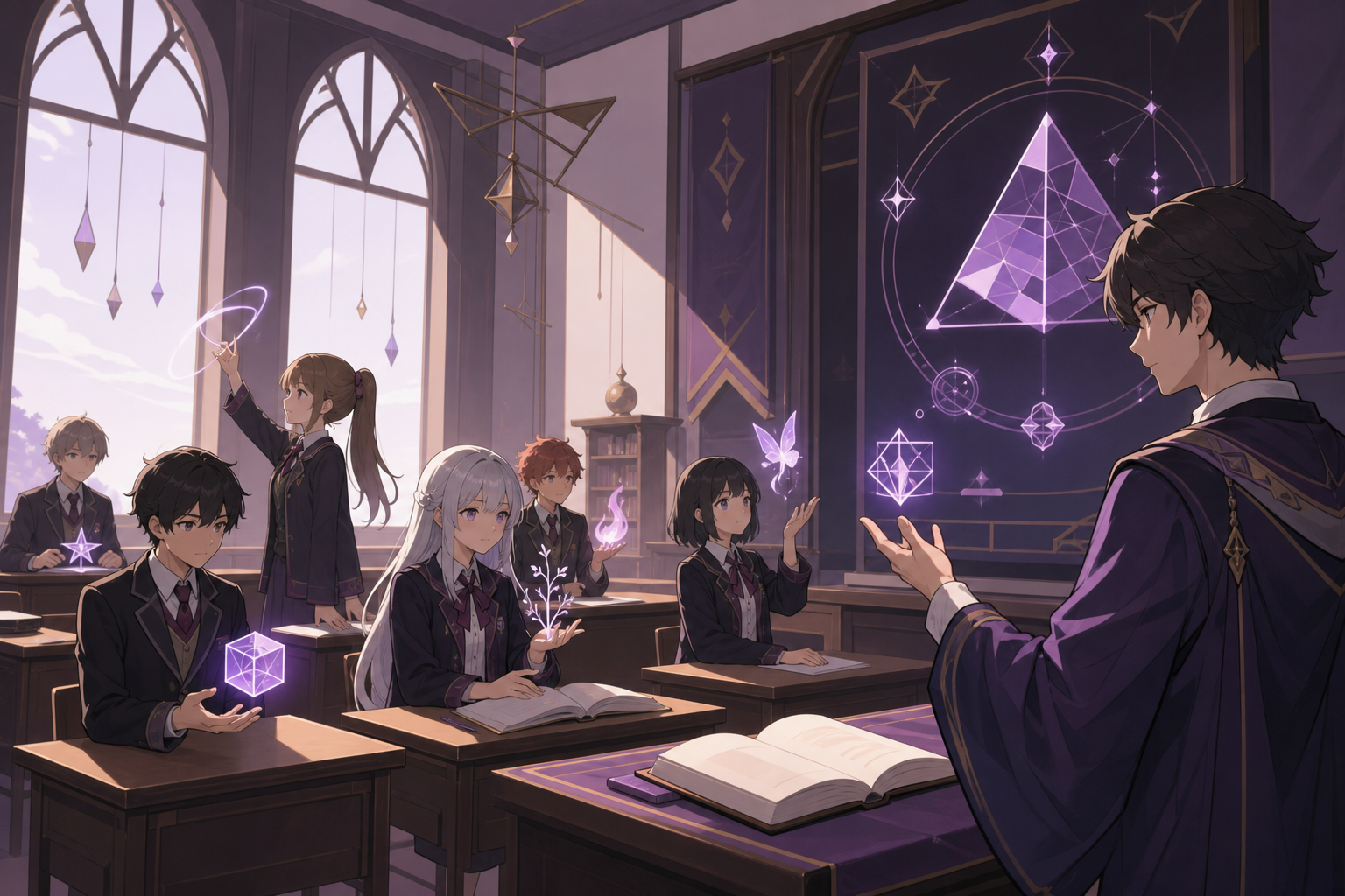 A class where each student's harmless magic appears differently, on an ordinary school day shaped by one magical rule. Intimate teacher-student frame with the magical problem visible. Mulberry, tea brown, tarnished silve