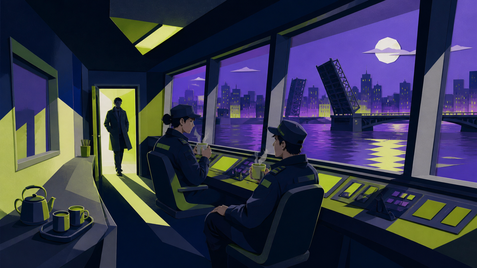 Two bridge operators sharing tea while a sleeping city crosses the river, as a brief visitor interrupts a familiar routine. Long corridor or lobby view using light to guide attention toward the task. Acid lime, ultraviol