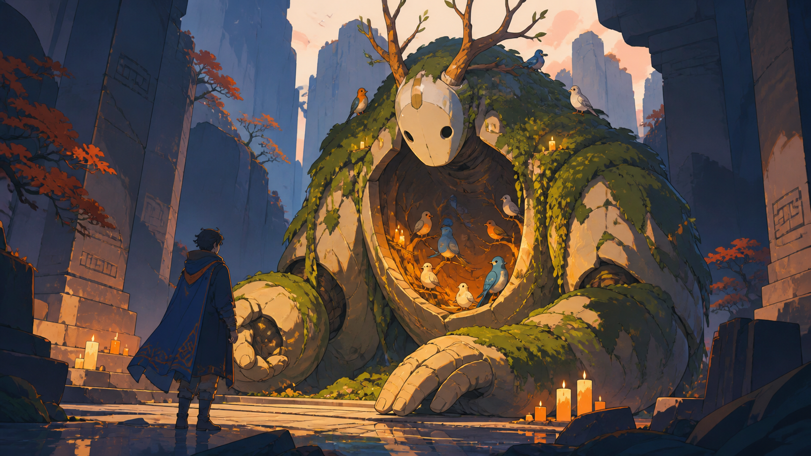 A gentle moss-covered guardian with a hollow chest full of songbirds, meeting a lone traveler without hostility for the first time. Low-angle encounter framed by terrain and atmospheric depth. Cobalt, persimmon orange, w