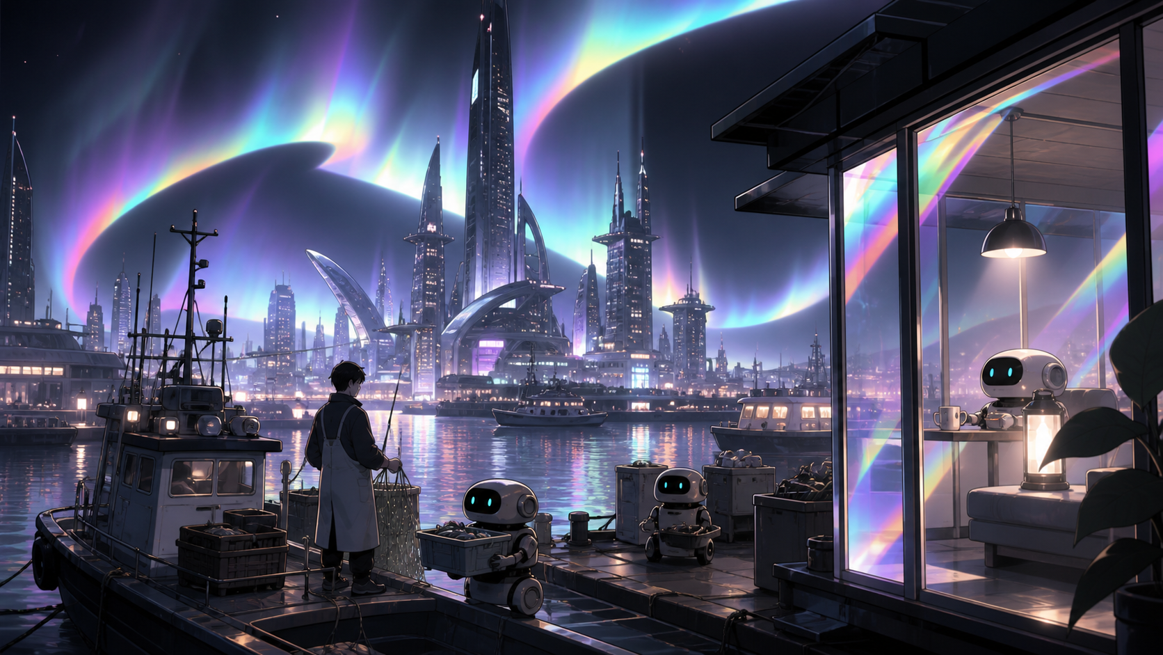 A neon harbor where fishing boats coexist with gentle service robots, as a rare aurora bends around the tallest structures. Grand city panorama balanced by one intimate foreground detail. Monochrome graphite with selecti