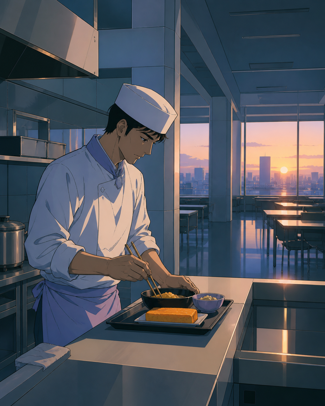 A hospital cafeteria cook preparing breakfast before the first commuters arrive, centered on an ordinary task made memorable by the unusual setting. Intimate counter-side composition surrounded by empty architecture. Pal