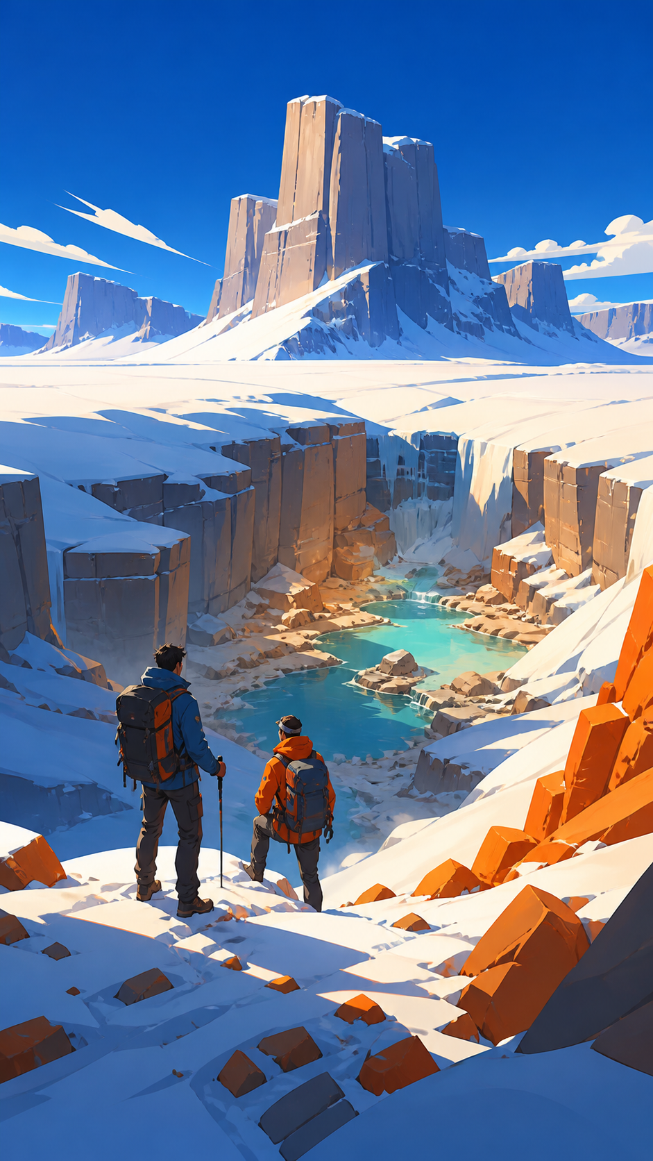 Two adult hikers locating a warm spring beneath a frozen plateau, at the first unobstructed view of the expedition's destination. Expansive landscape with the expedition following a readable route. Cobalt, persimmon oran