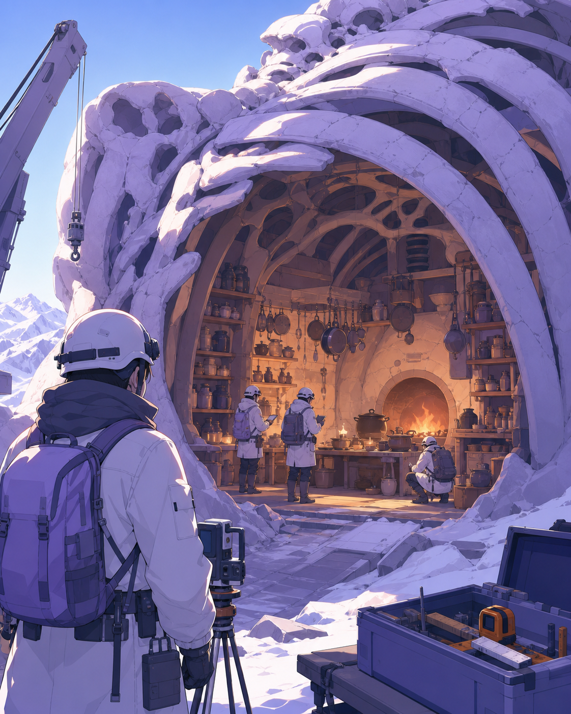 A research team entering a perfectly preserved kitchen inside a buried titan, during patient fieldwork rather than treasure-hunting spectacle. Over-the-shoulder reveal framed by excavation equipment. Pale lavender, icy b