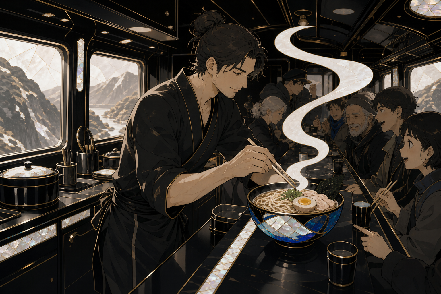 An adult noodle chef serving commuters aboard a narrow mountain railway, in a compact kitchen where every movement has a practical purpose. Counter-side view with the cook and one memorable dish as dual focal points. Sof
