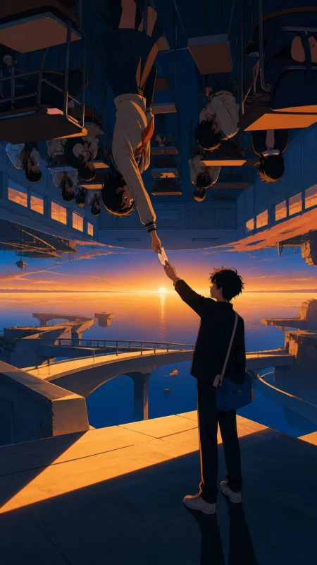 Students exchanging notes with a classroom hanging overhead, at sunrise illuminating both worlds from a shared horizon. Character-level composition at the exact gravity transition.