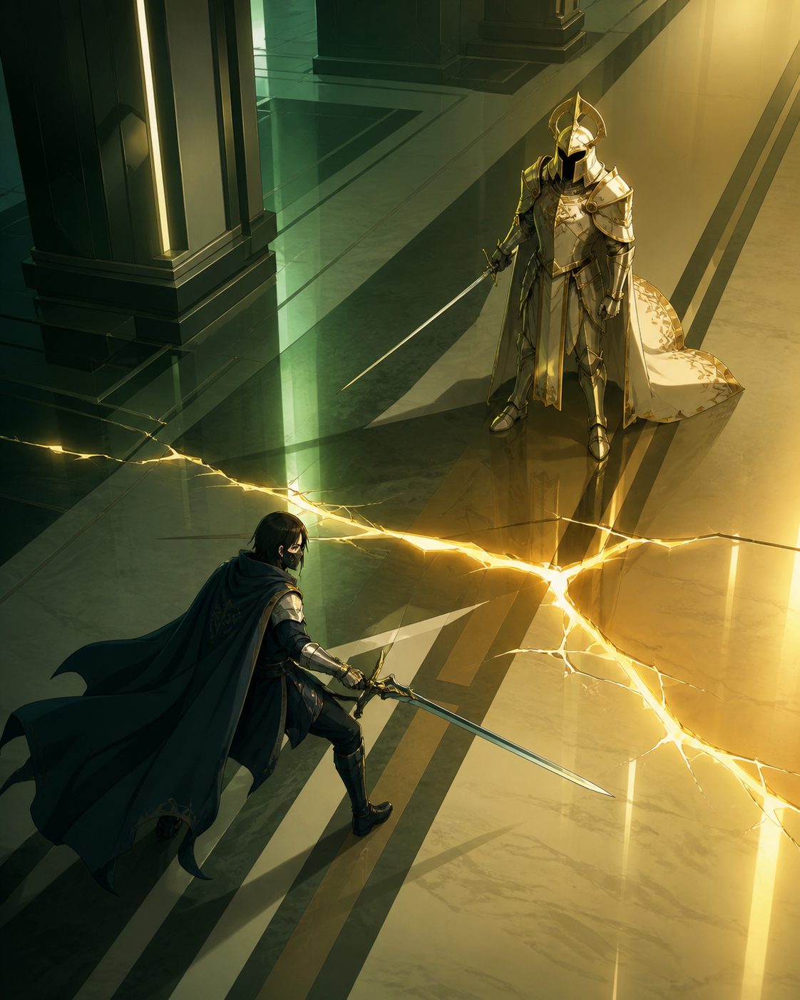 A masked knight facing a living suit of ceremonial armor, as an unexpected environmental change interrupts the duel. High-angle geometric composition built around crossing movement paths. Moss green, slate gray, mushroom