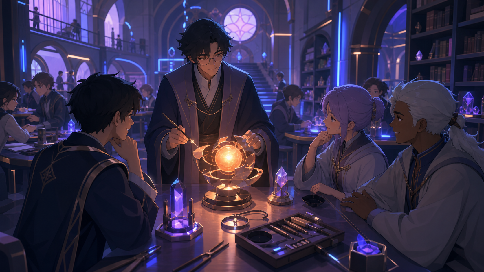 A professor demonstrating ethical spell repair in a practical workshop, as collaboration replaces an initially competitive mood. Library perspective following a visual trail through several study zones. Pale lavender, ic