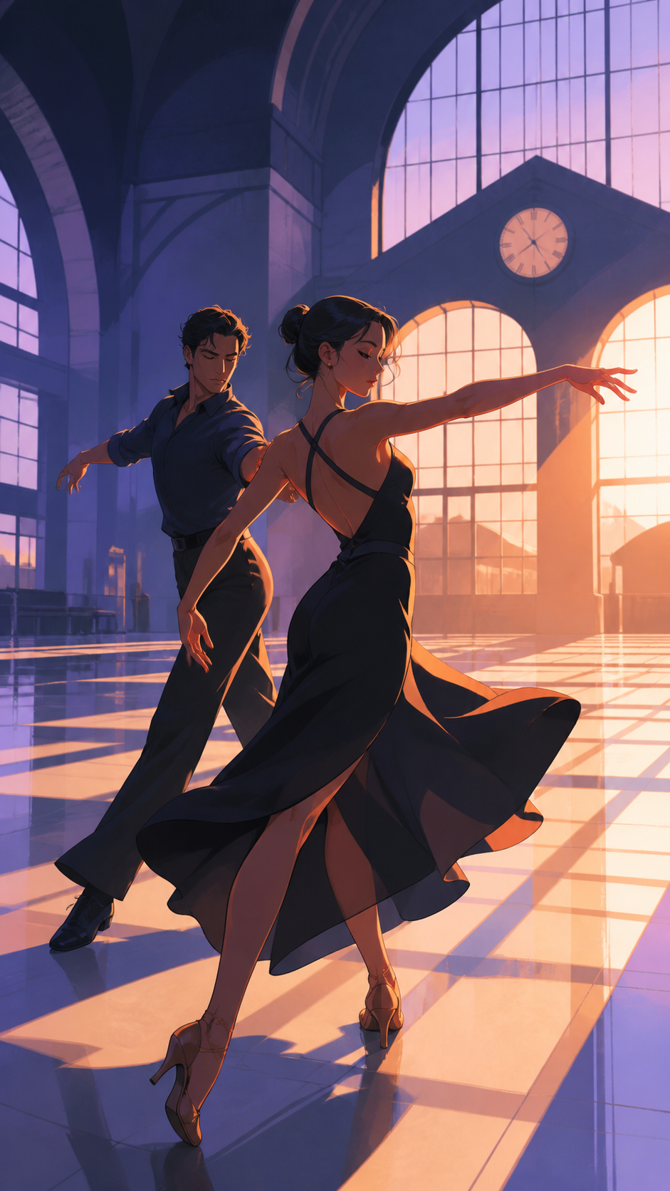 Two adult ballroom dancers practicing in an empty railway terminal, as a simple movement transforms the space around the performers. Close audience-level frame with one dancer crossing a strong pool of light. Pale lavend