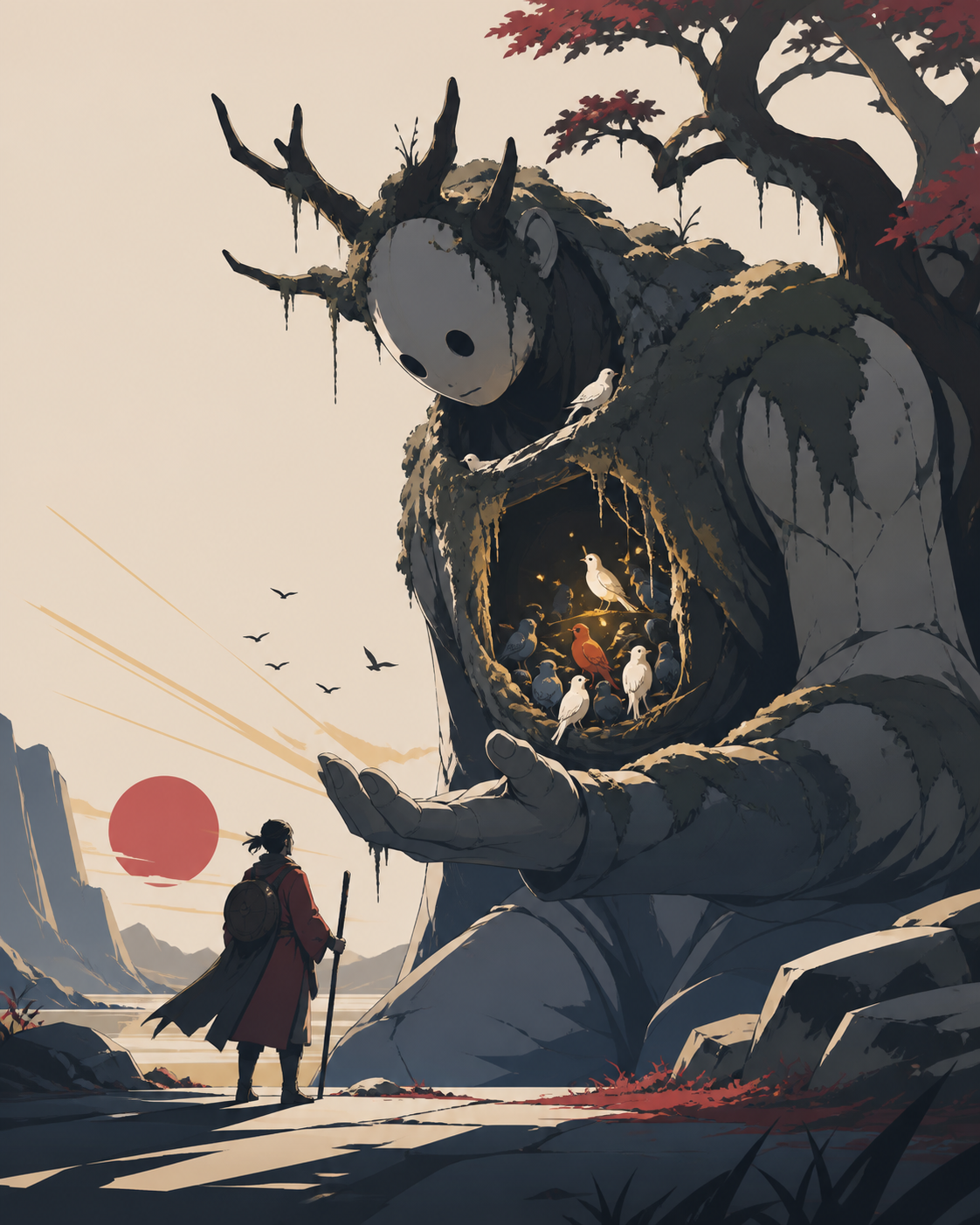 A gentle moss-covered guardian with a hollow chest full of songbirds, meeting a lone traveler without hostility for the first time. Low-angle encounter framed by terrain and atmospheric depth. Pine black, snow blue, ceda