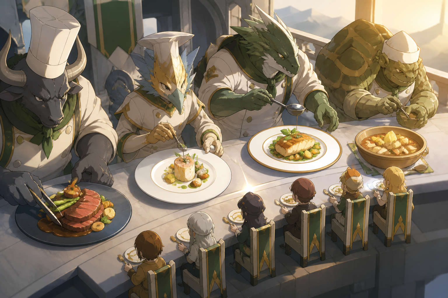 Monster chefs preparing elegant meals for very small human judges, as one simple family recipe surprises the formal judges. Overhead-leaning composition comparing several finished dishes. Moss green, slate gray, mushroom