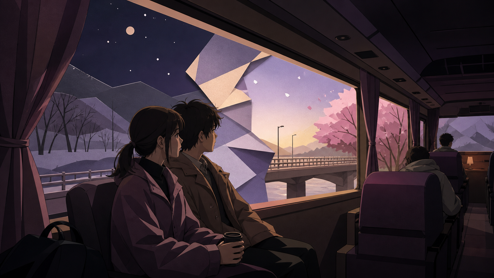 An overnight bus crossing a bridge that briefly passes through another season, shown as intimate public life rather than a vehicle showcase. Window-side two-person composition with the journey visible beyond. Mulberry, t