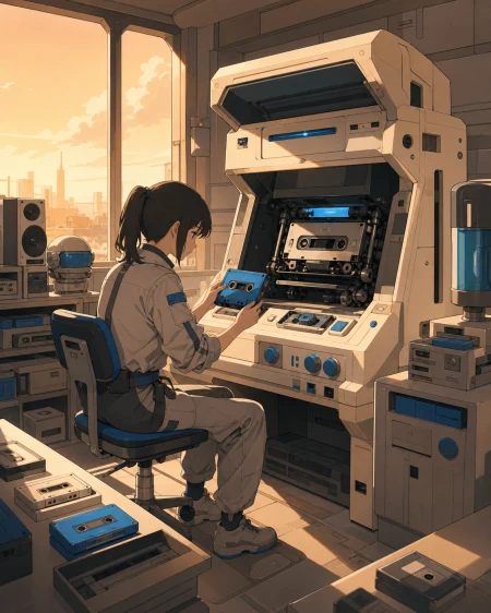 A cassette repair kiosk that restores sounds people thought they had forgotten, during a quiet shift filled with tactile analog equipment. Nostalgic room-wide frame organized aroun