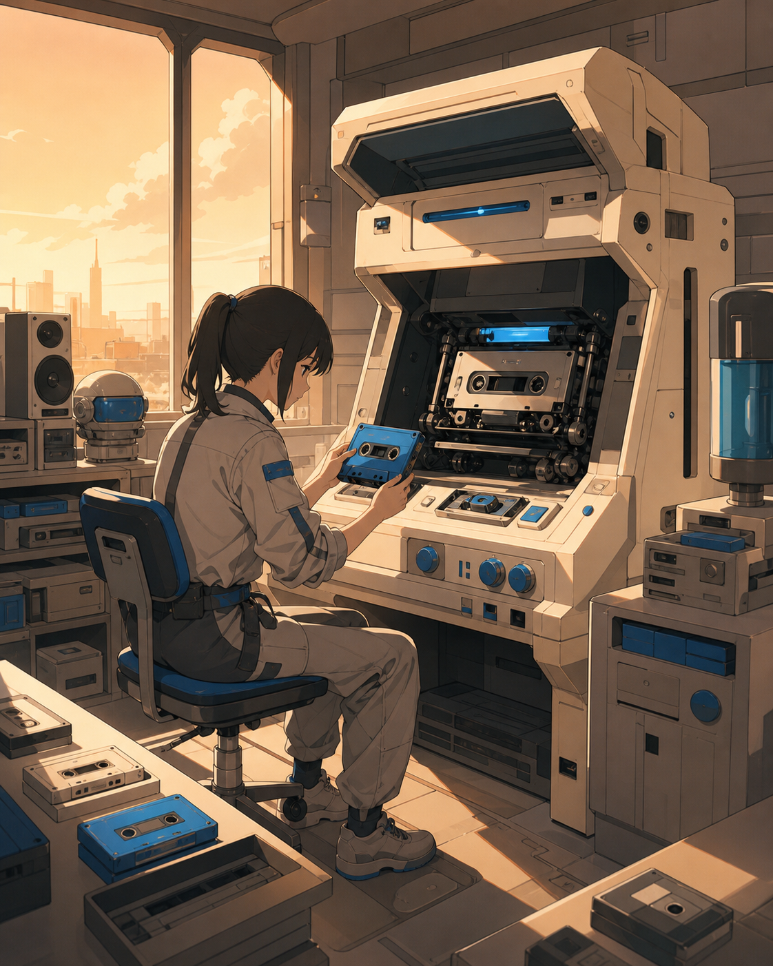 A cassette repair kiosk that restores sounds people thought they had forgotten, during a quiet shift filled with tactile analog equipment. Nostalgic room-wide frame organized around one active machine. Soft monochrome wi
