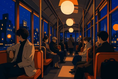 Adult strangers sharing the final tram through a city under artificial stars, shown as intimate public life rather than a vehicle showcase. Long interior perspective connecting sev
