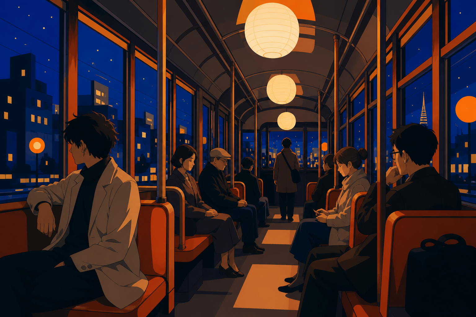 Adult strangers sharing the final tram through a city under artificial stars, shown as intimate public life rather than a vehicle showcase. Long interior perspective connecting several quiet passenger stories. Cobalt, pe