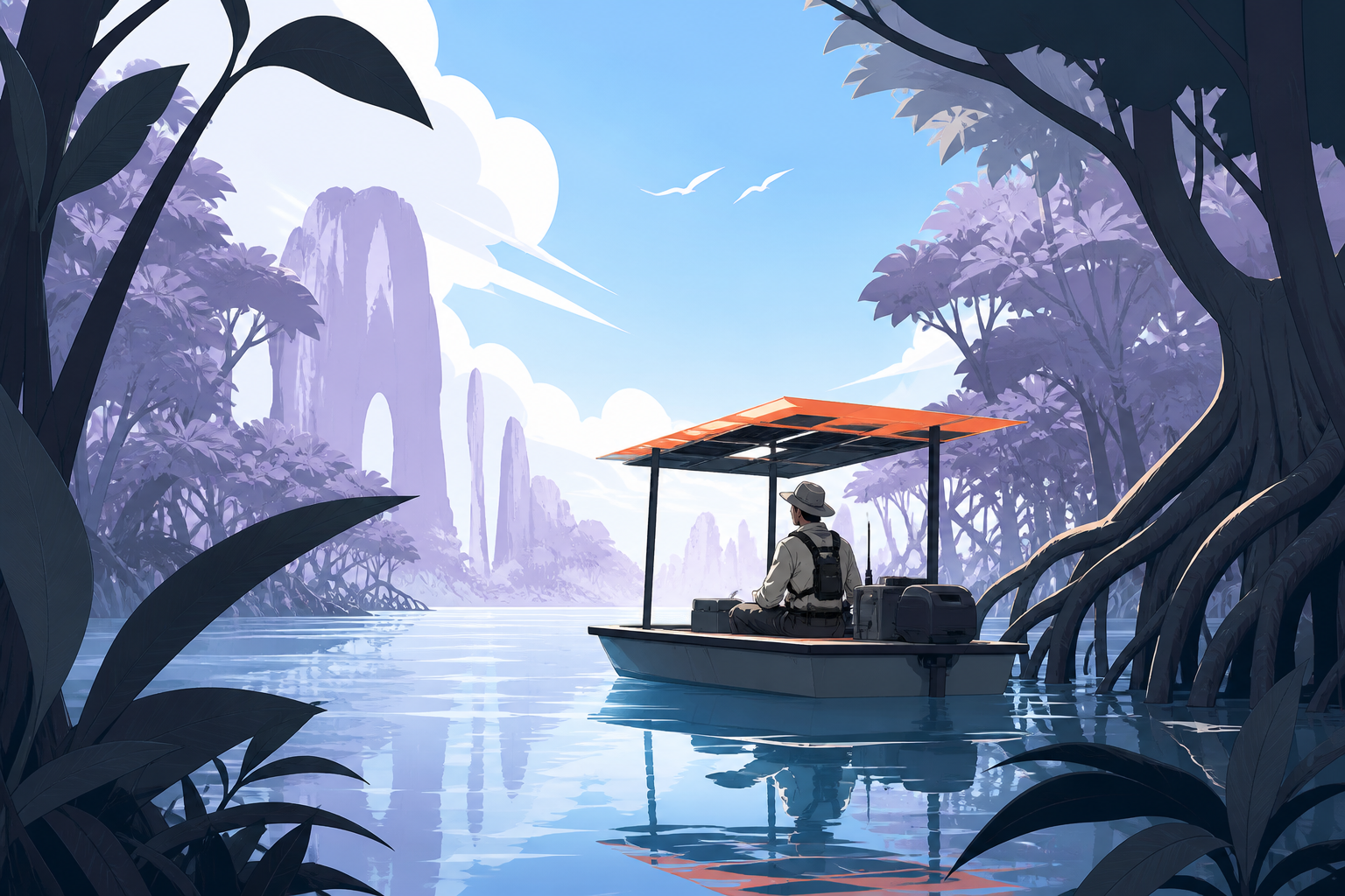 An adult ranger traveling through mangrove channels aboard a small solar skiff, under clear morning light with every route easy to read. River-level view framed by a few large plants. Pale lavender, icy blue, graphite, a