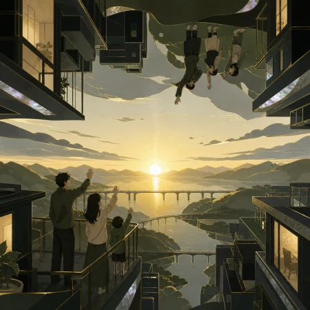 An apartment family greeting neighbors whose gravity runs upward, at sunrise illuminating both worlds from a shared horizon. Symmetrical wide frame with opposing worlds above and b