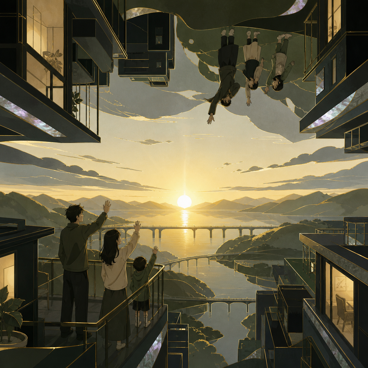 An apartment family greeting neighbors whose gravity runs upward, at sunrise illuminating both worlds from a shared horizon. Symmetrical wide frame with opposing worlds above and below. Moss green, slate gray, mushroom c