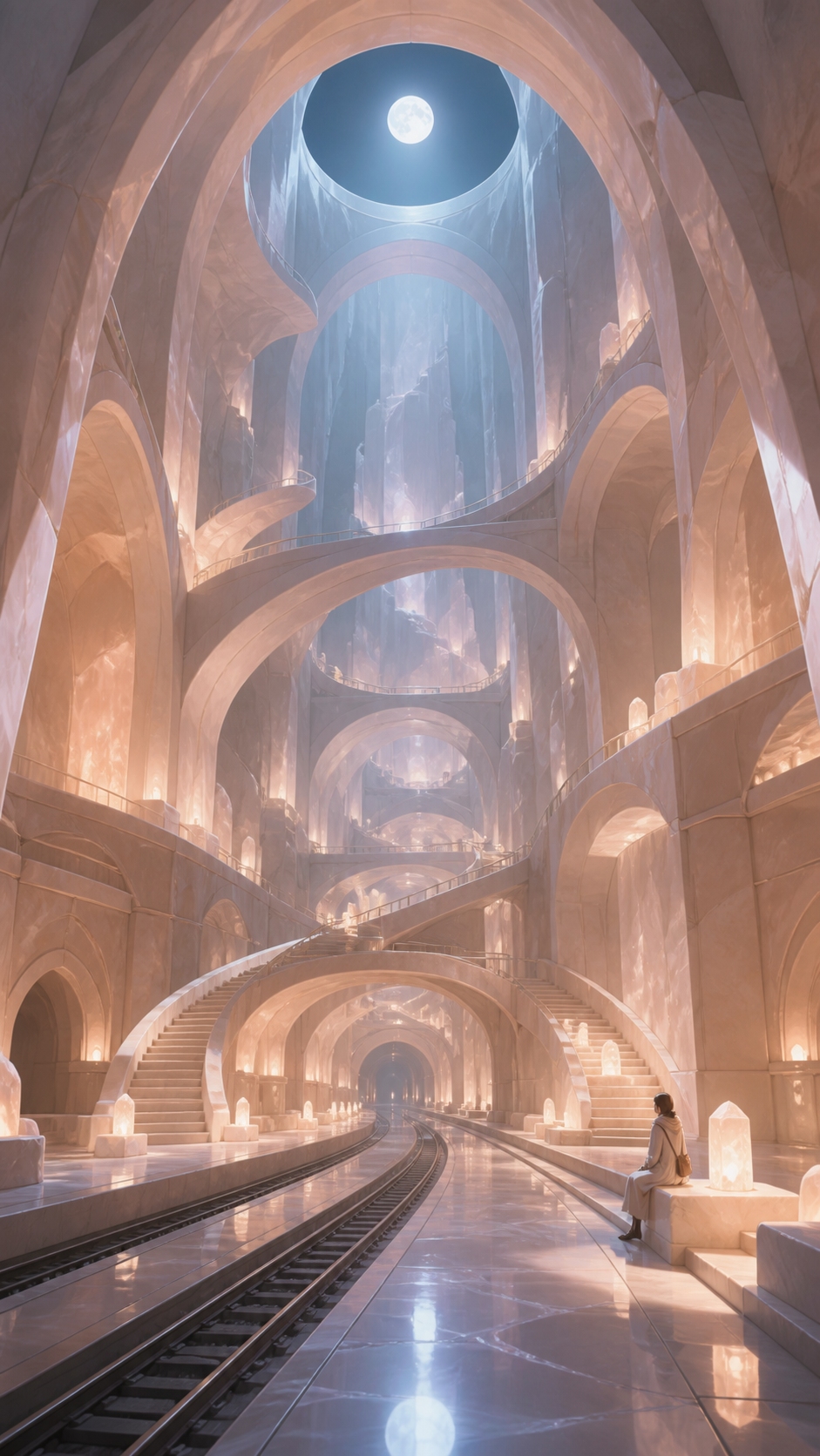 An underground railway cathedral carved from luminous salt, shown empty just before its inhabitants wake. Dramatic vertical composition emphasizing scale and impossible geometry. Sun-bleached peach, desert ochre, cool sh