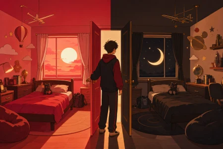 A teenager opening a bedroom door onto the same room from a different year, with one simple impossible rule controlling the entire image. Symmetrical frame contrasting two realitie