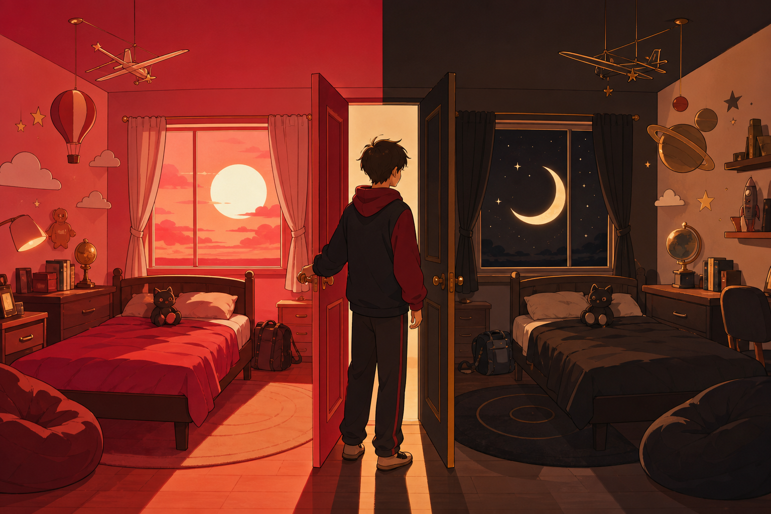 A teenager opening a bedroom door onto the same room from a different year, with one simple impossible rule controlling the entire image. Symmetrical frame contrasting two realities through a central boundary. Crimson, b