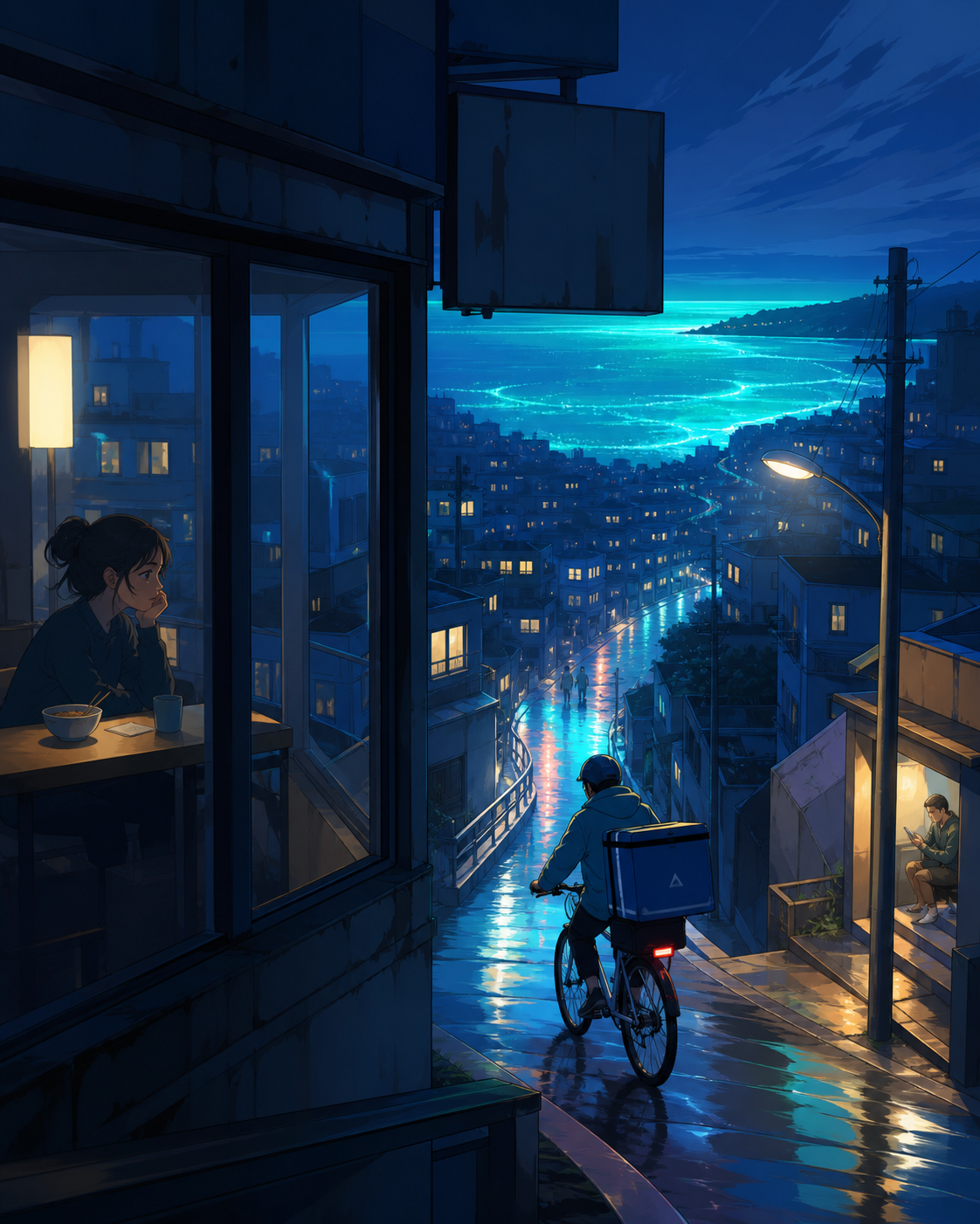 A bicycle courier delivering hot noodles through a steep hillside city, just after rain leaves every street reflecting a different color. Cinematic wide shot composed through windows, signs without readable text, and ref