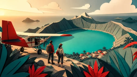 Two survey pilots landing beside a turquoise crater lake, at the first view of a destination reached after a long journey. Elevated coastal composition balancing settlement, water,