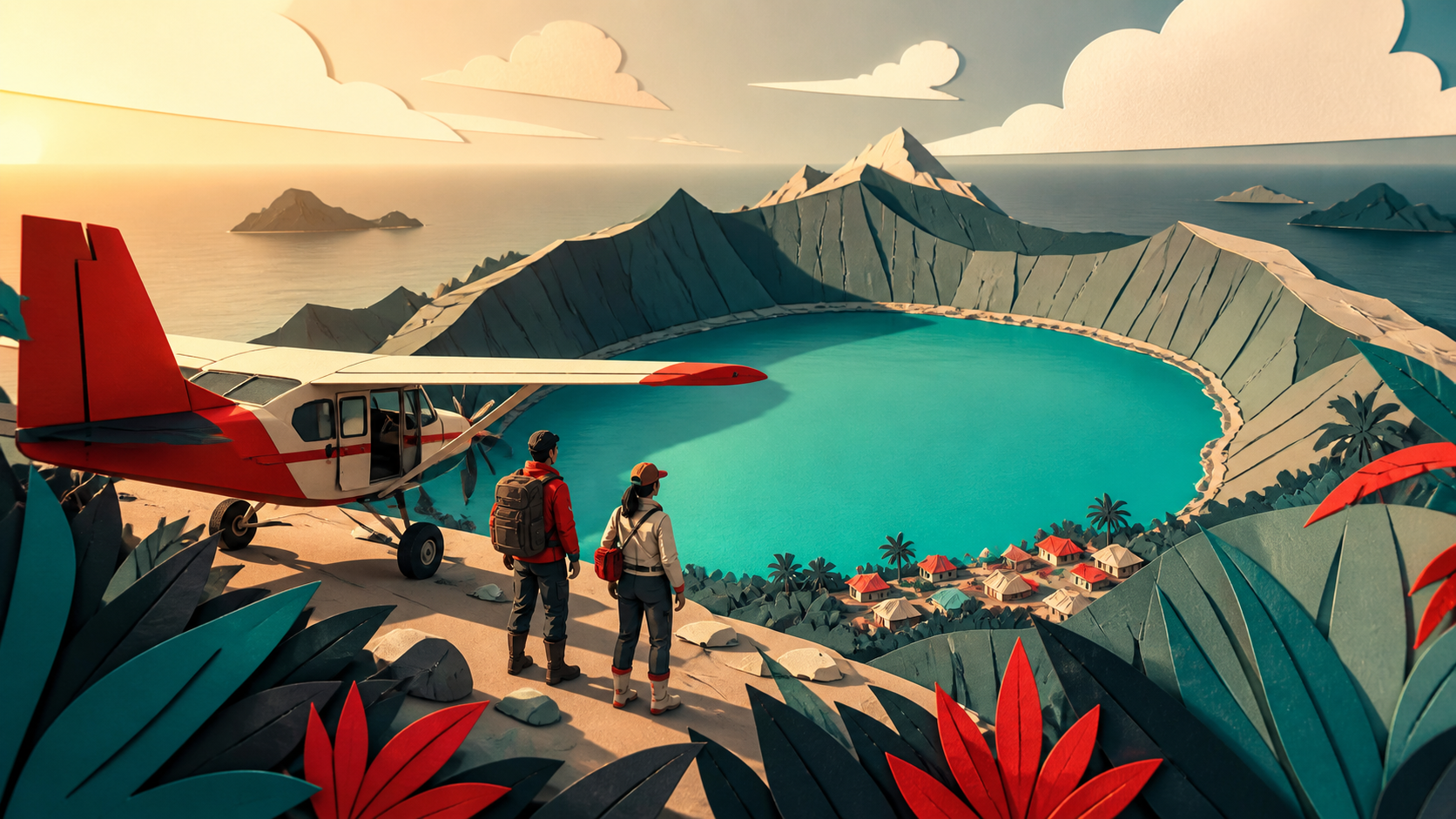 Two survey pilots landing beside a turquoise crater lake, at the first view of a destination reached after a long journey. Elevated coastal composition balancing settlement, water, and landmark. Vermillion, charcoal, war