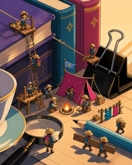 Tiny explorers establishing a camp between enormous library books, observed at close range with ordinary objects revealing the tiny scale. Isometric-like miniature vista with multi
