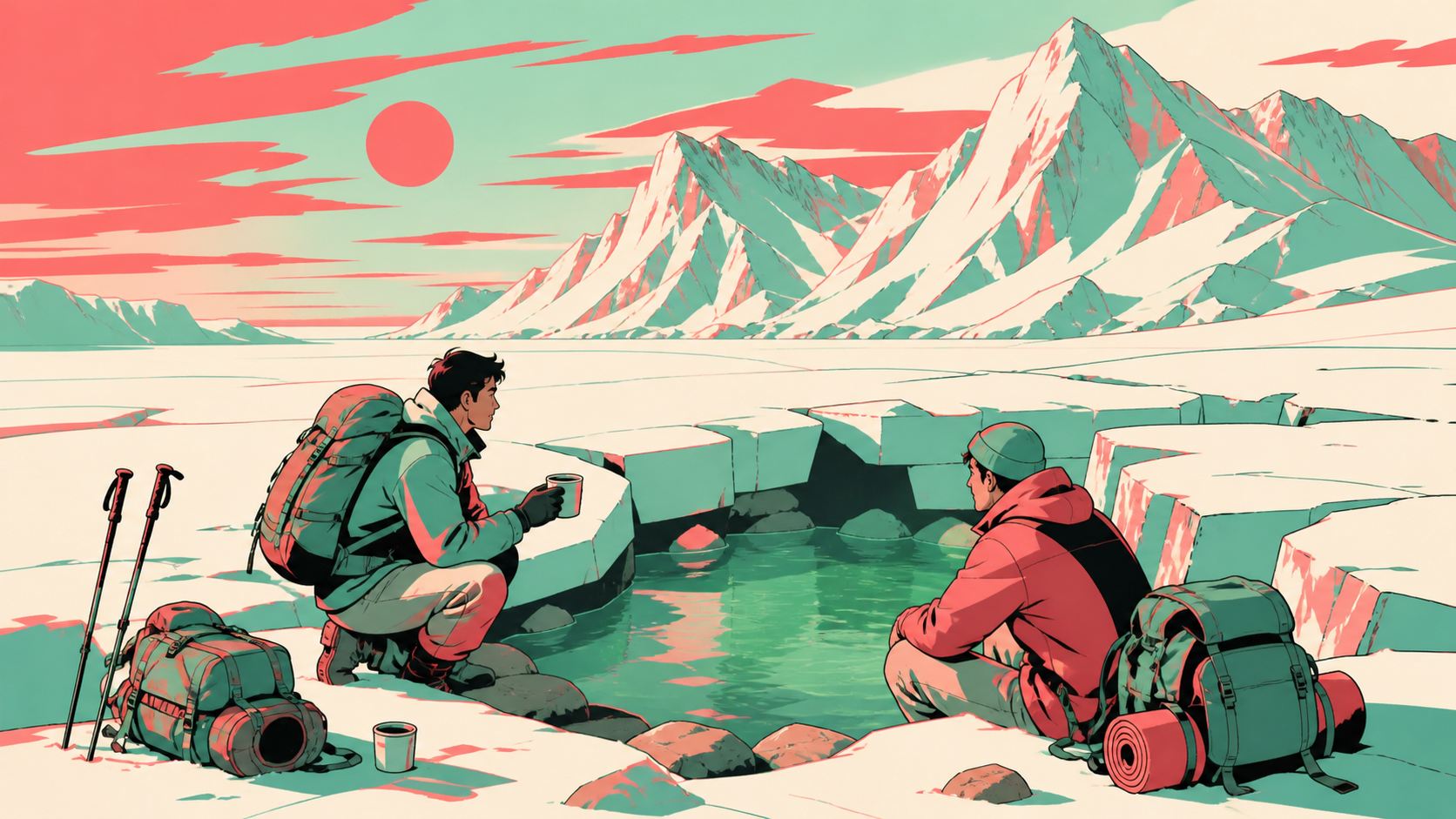 Two adult hikers locating a warm spring beneath a frozen plateau, during a practical pause in a longer journey. Medium camp scene opening onto a monumental distant view. Celadon, coral pink, ink black, and rice-paper whi