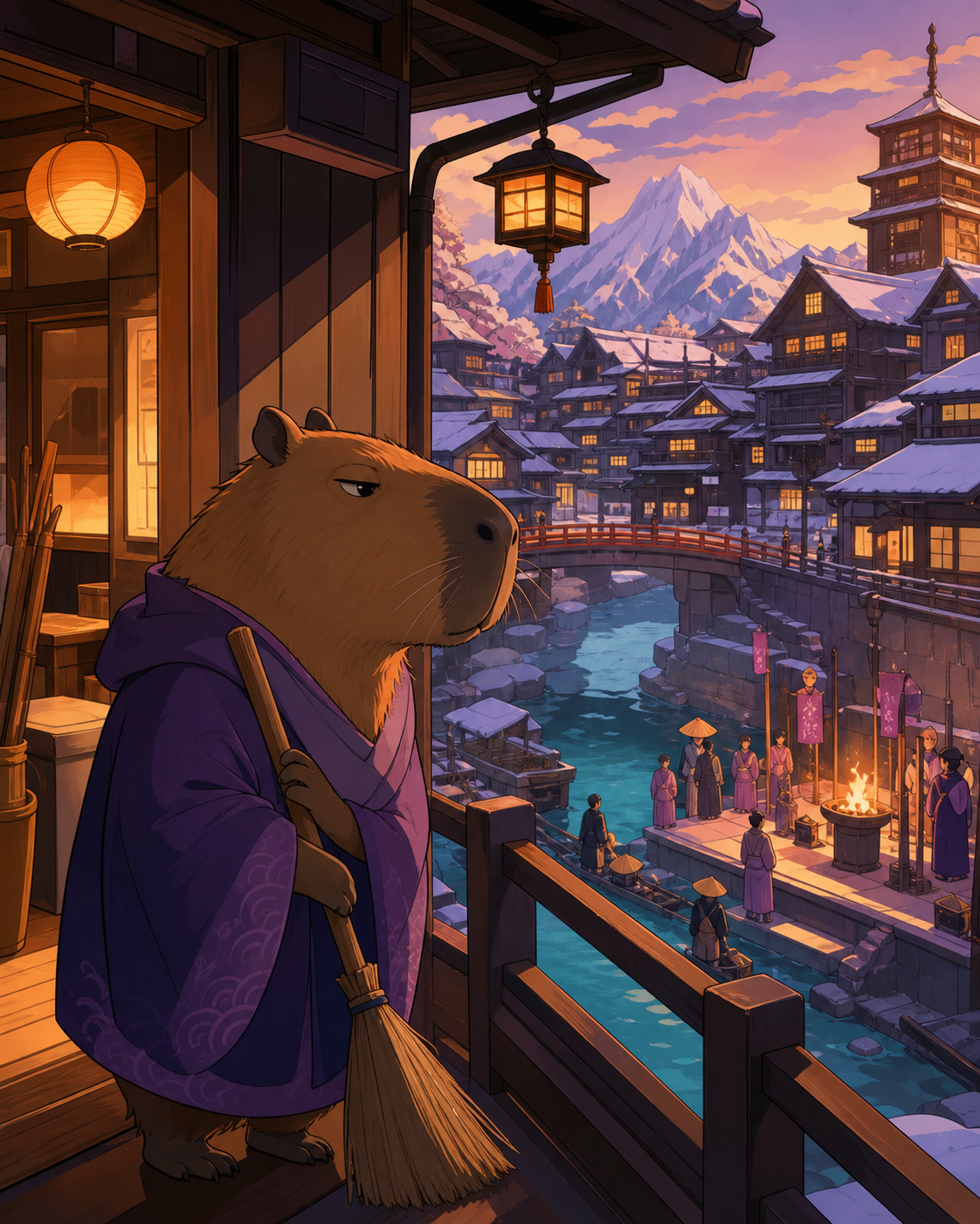 A sleepy capybara inspecting the town's evening cleanup, as a small seasonal ceremony begins beside the river. Intimate walkway frame with architecture enclosing the characters. Apricot, orchid purple, pool turquoise, an