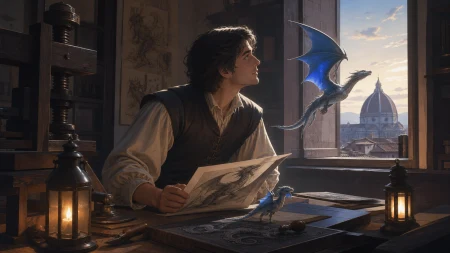 A Renaissance-era printmaker whose illustrated creatures leave the page at night, at dawn after a discovery quietly changes their understanding of the world. Painterly historical s