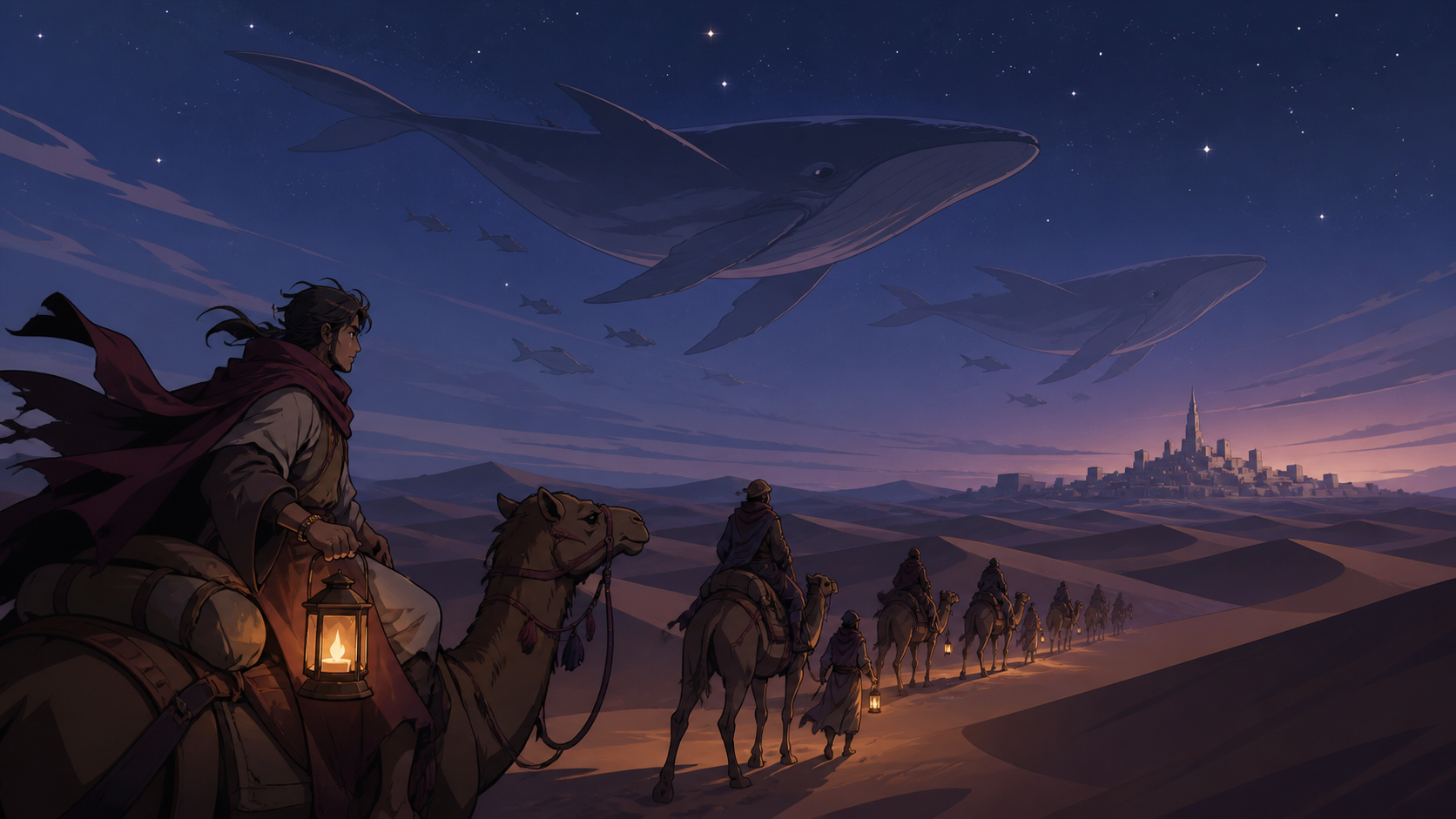 A caravan following the migrating shadows of enormous sky whales, seen in the blue hour when heat gives way to starlight. Extreme wide landscape with a small but readable journey crossing it. Mulberry, tea brown, tarnish