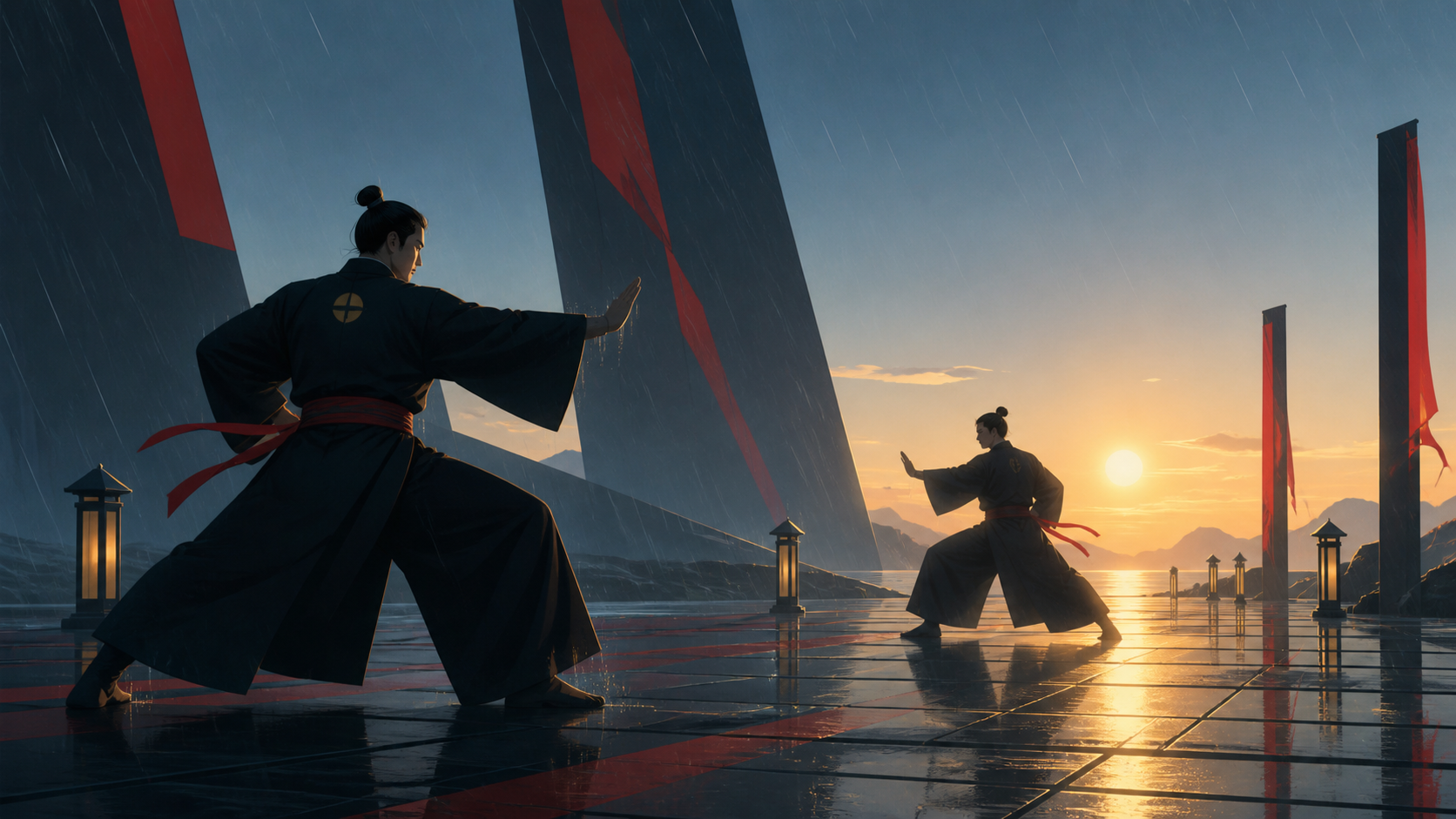Two martial artists performing a ceremonial exhibition in heavy rain, shown as disciplined athletic movement rather than combat spectacle. Long-lens frame compressing competitors and terrain into layered motion. Pine bla