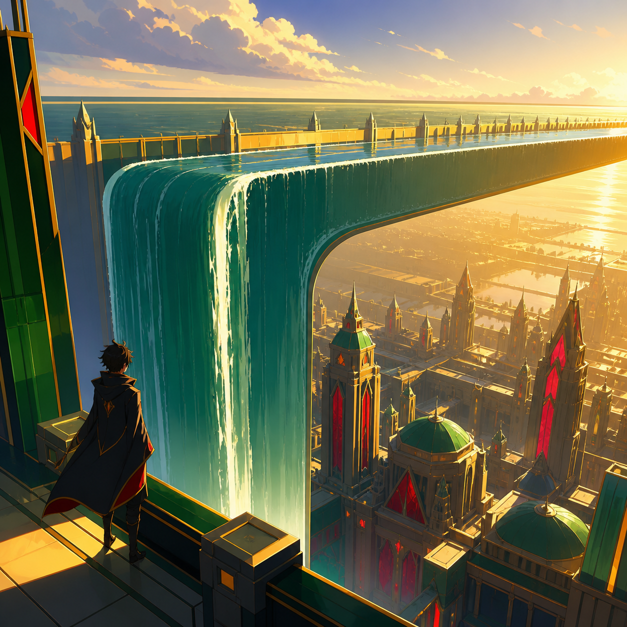 A waterfall bending into a horizontal river above a city, with one simple impossible rule controlling the entire image. Wide scene structured around one elegant spatial fold. Emerald, stained-glass ruby, lapis, and lumin