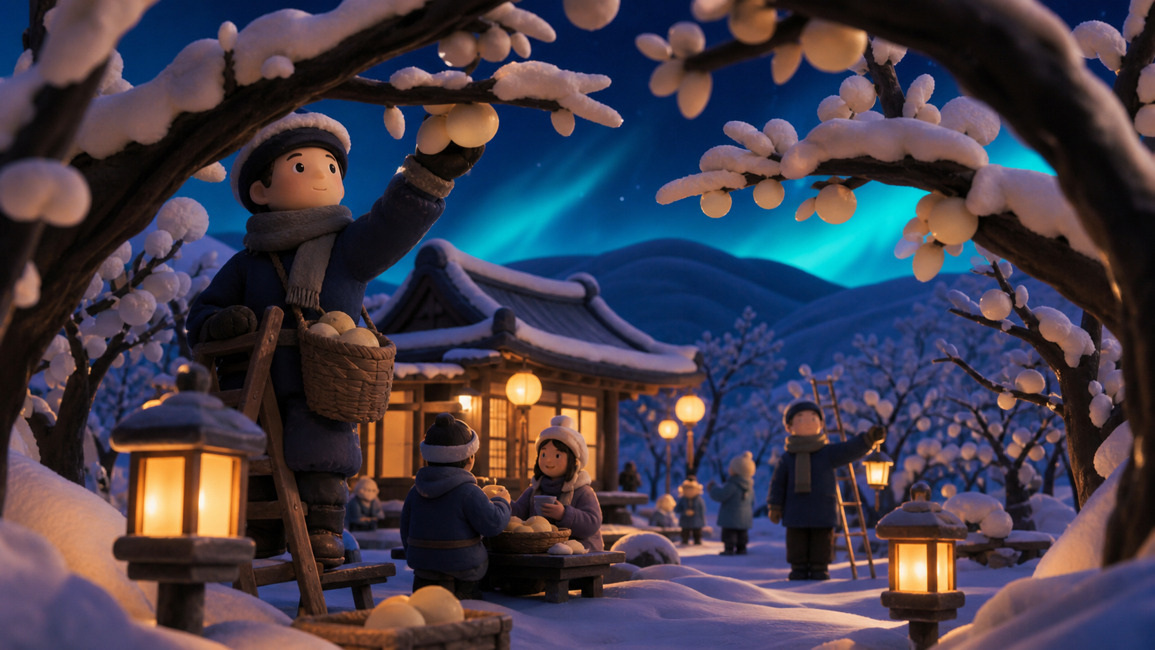 A snow-covered orchard where warm lanterns guide evening workers, during a gentle public holiday filled with small social moments. Low upward view using branches to frame people and architecture. Ultramarine, bioluminesc